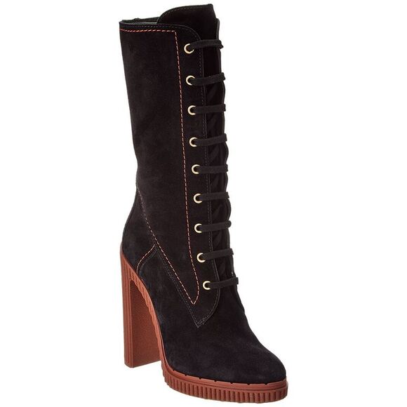 Tods Shearling & Leather Platform Boot, Black